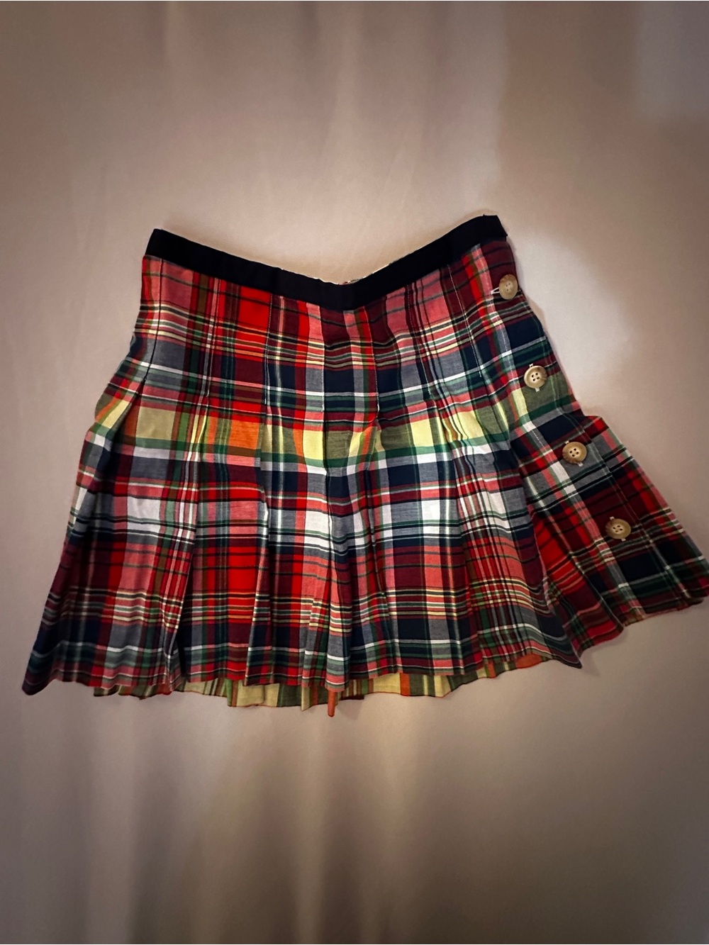 Polo by Ralph Lauren Red Plaid Pleated Mini Skirt with Side Buttons
